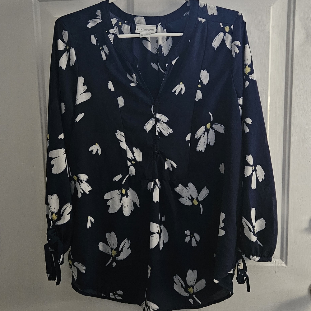 Liz Claiborne Blue 3/4 Sleeve Blouse with Mandarin Collar